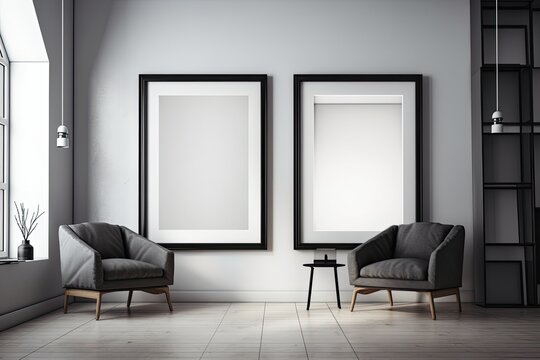 Interior of a room with two empty A4 picture frames. Generative AI