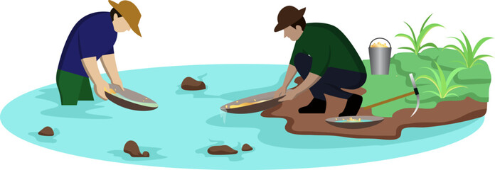 gold diggers wash sand in river to search of treasure in mine vector illustration,  search gold nugget in river from gold mine worker. gold mineral extraction - obrazy, fototapety, plakaty