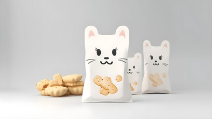 AI Generated, Pet Product packaging with dog, cat, otter face on it for snacks with full focus, white background.