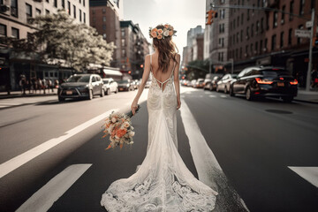 Fototapeta premium beautiful bride in white dress standing in the streets, holding her wedding bouquet, generative ai