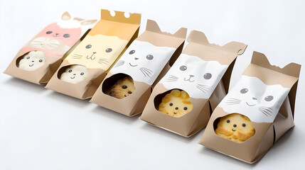 AI Generated, Pet Product packaging with dog, cat, otter face on it for snacks with full focus, white background.