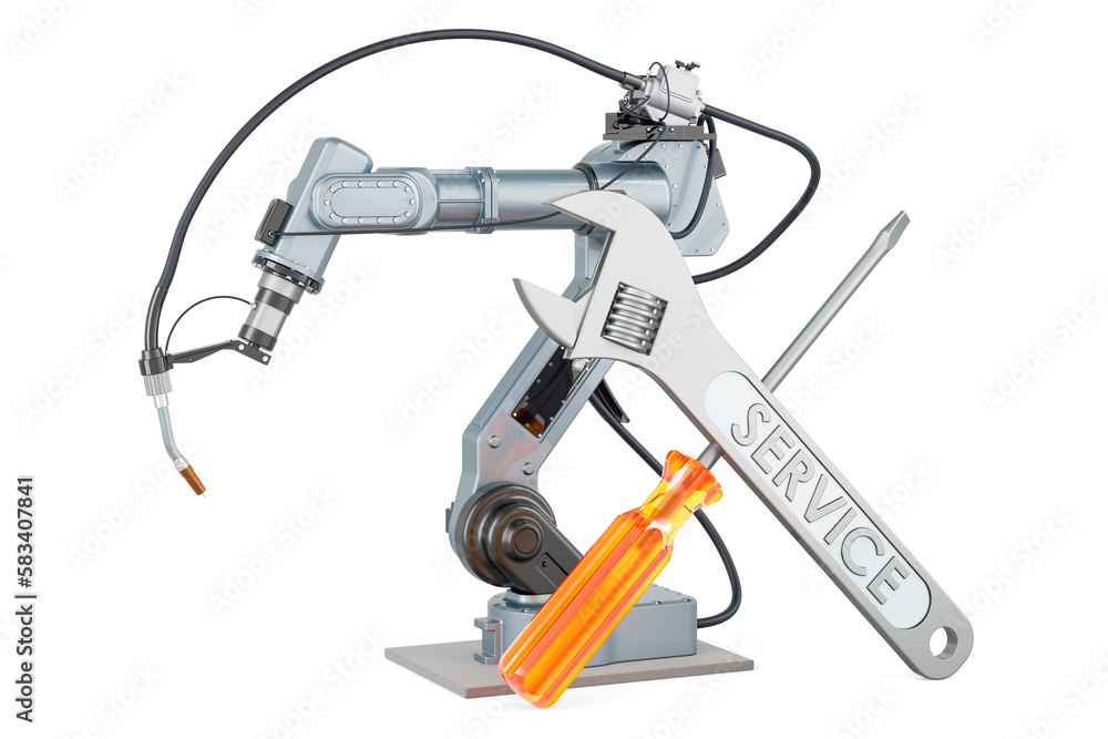 Aufkleber robot welding with screwdriver and wrench, 3d rendering