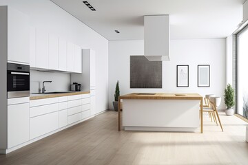 View of a nice kitchen interior from the front, showing a stove, an empty white poster on the wall, and an oak wooden parquet floor. modern minimalist architecture. Unfilled area for original thought