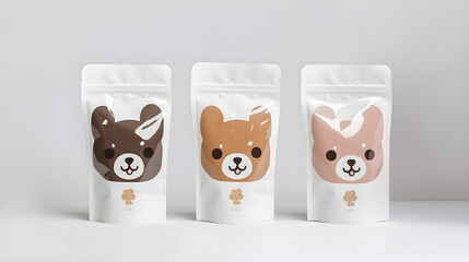AI Generated, Pet Product packaging with dog, cat, otter face on it for snacks with full focus, white background.