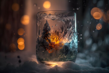 Whiskey.Christmas and New Year holiday background. Glass with fire on snow with bokeh background. Generative AI technology.