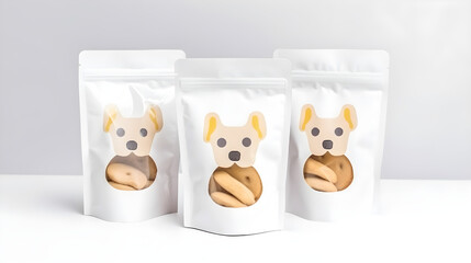 AI Generated, Pet Product packaging with dog, cat, otter face on it for snacks with full focus, white background.