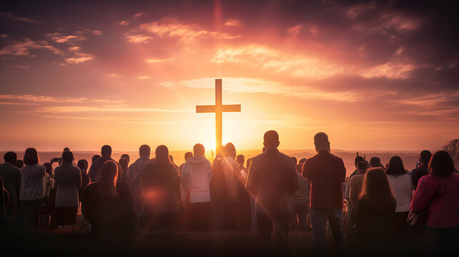 cross in the mountains at sunset, crowd watching the cross, generative ai
