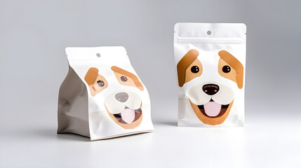 AI Generated, Pet Product packaging with dog, cat, otter face on it for snacks with full focus, white background.