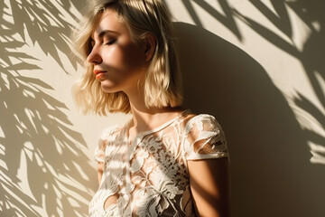 fashion portrait of a natural beauty young woman standing against a beige summer wall, generative ai