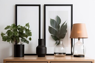 Close up of two vertical empty A3 and A4 frames on a white background with a black dresser and a green plant in a brown glass vase. Generative AI