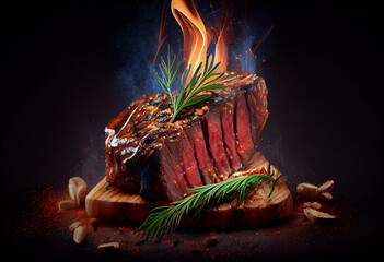 Tasty beef steak on cast iron grate with fire flames. Freeze motion barbecue concept. Ai generated