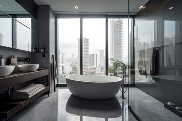 Naklejka na ściany i meble Indulging in Luxury: Inside an Elegant Bathroom Design. Inside a luxury modern bathroom. Generative Ai