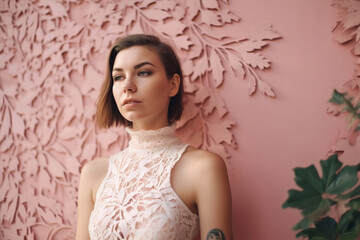 fashion portrait of a natural beauty young woman standing against a pastel pink wall, generative ai