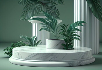 Luxury Minimal White Marble Stage Platform, Summer Green Tropic Plant, Abstract Background 3d Rendering, Generative AI