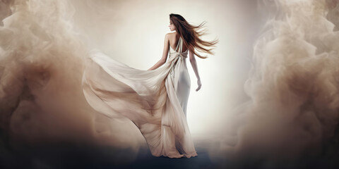 portrait of a beautiful woman in long silky dress on a fantasy blurred smoke background, generative ai
