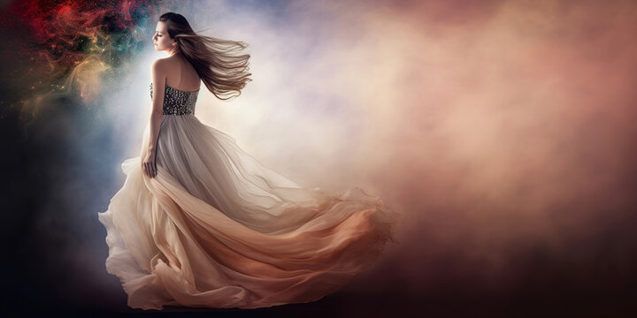 portrait of a beautiful woman in long silky dress on a fantasy blurred smoke background, generative ai