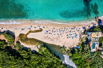 Aerial view (drone) of Rakopotamos beach (municipality of Agia), one of the most beautiful beaches in the coastline of Larissa, Thessaly, Greece