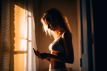 beautiful young woman using her phone at home in the morning lights, generative ai