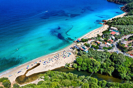 Aerial view (drone) of Rakopotamos beach (municipality of Agia), one of the most beautiful beaches in the coastline of Larissa, Thessaly, Greece