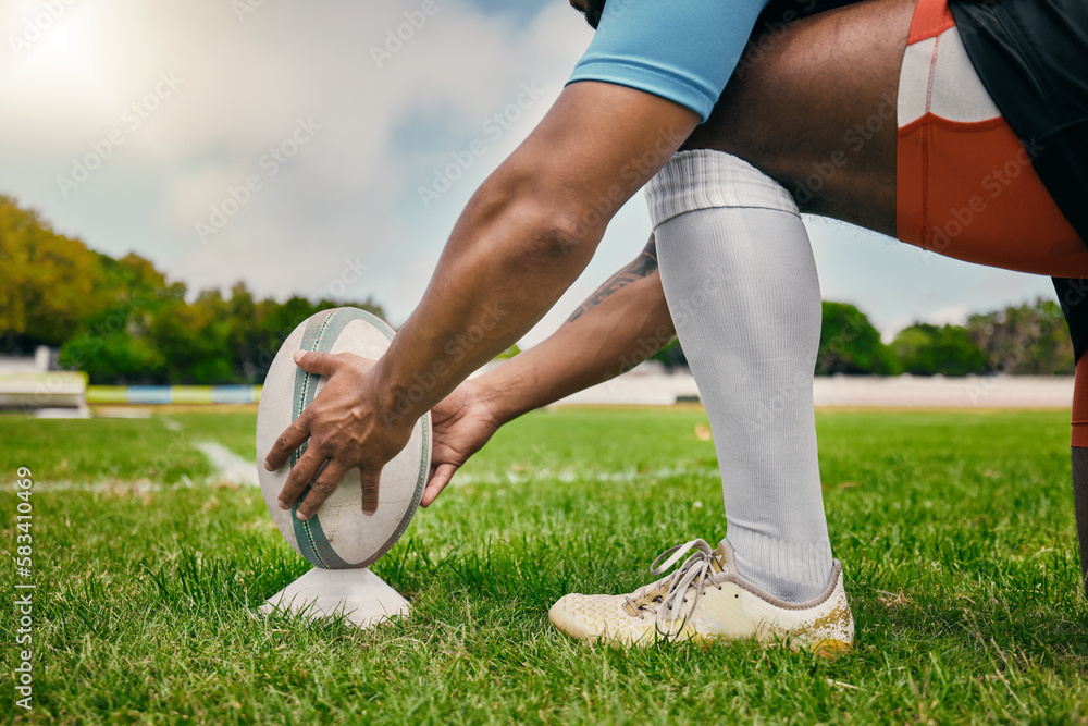 Poster Rugby, hands and man ready with ball to score goal on field at game, match or practice workout. Sports, fitness and professional player on grass, motivation, energy and skill in team sport challenge.