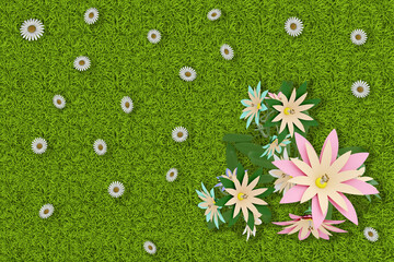 Illustrazione 3D. Primavera, estate. Fiori, fiore su prato verde texture. Sfondo campo di erba con fiori colorati. - obrazy, fototapety, plakaty