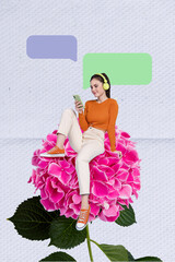 Vertical artwork collage picture of mini positive girl sit big flourish flower use smart phone...