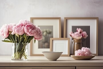 On the kitchen counter and cabinets, there are empty picture frames with lovely peony flowers. The wall is beige. Generative AI