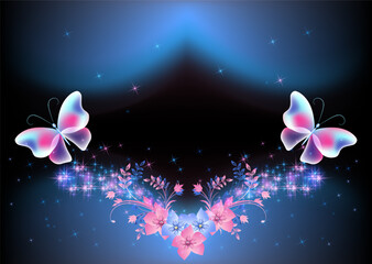 Fairytale frame with magical transparent butterflies and flowers against the background of the starry night sky. Abstract fantastic background.