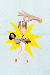 Vertical collage image of big arm fingers help hold champion trophy cup mini excited girl isolated...