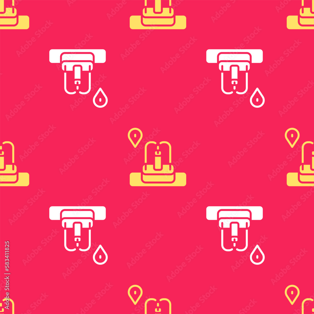 Poster yellow location with fountain icon isolated seamless pattern on red background. vector