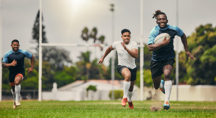 Rugby team or people running fast on field in competition, game or match strategy, energy and...