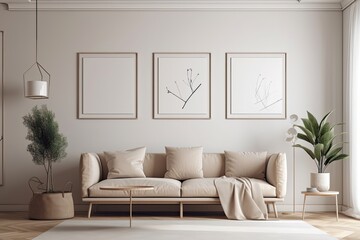 Close up of a trendy living room or waiting area with a beige sofa and three empty posters on the wall. Concept for a minimalist design. Generative AI