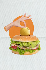 Vertical minimal collage template of big hamburger unhealthy junk food save money economy put coin inside sandwich isolated on white background