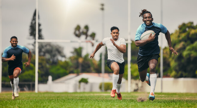 Rugby team or people running fast on field in competition, game or match strategy, energy and challenge for goals. Speed of sports men, athlete or friends on pitch for gaming event moving in action