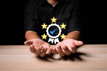 ISO certification and standardization concept, Hand shows the sign of the top service Quality...
