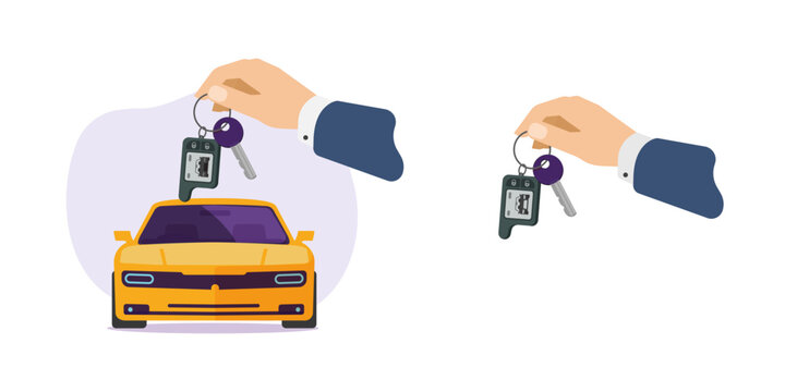 Car keys hold hand flat vector icon, rental purchase design, sell or buy dealer concept vehicle, new auto test drive service graphic illustration image, salesman give purchased automobile