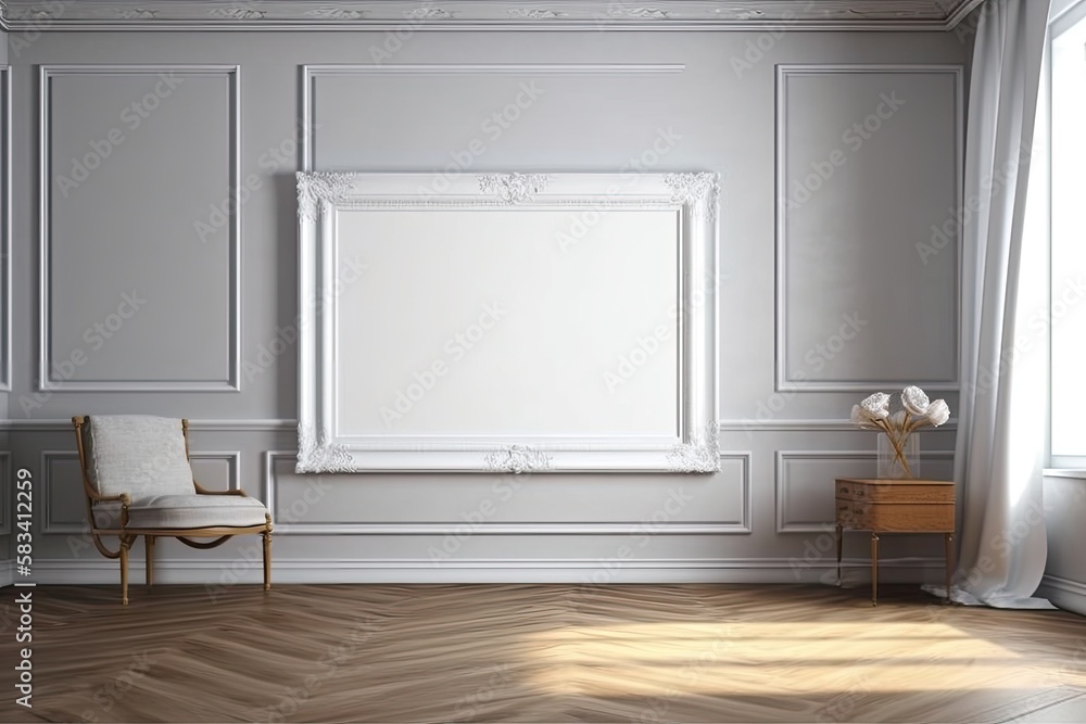 Aufkleber a pleasant room with an empty picture frame on the floor. mockup of a frame inside. generative ai