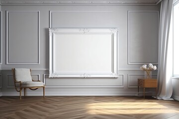 A pleasant room with an empty picture frame on the floor. mockup of a frame inside. Generative AI
