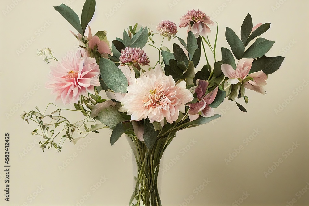 Sticker Summer flower bouquet with pink flowers on beige background., created with generative ai