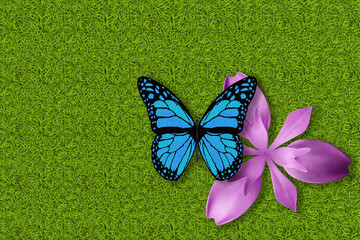 Illustrazione 3D. Primavera, estate. Fiori e farfalle su prato verde texture. Sfondo campo di erba con fiori colorati e farfalle.