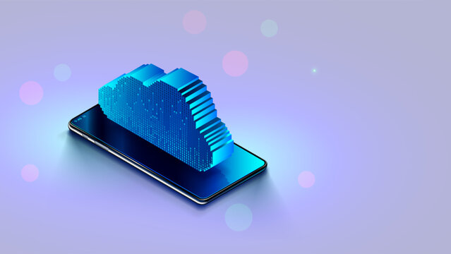 3d icon of cloud over screen smart phone. Cloud computing background concept. Data upload in internet online storage through smartphone. Cell phone synchronizes information with online cloud storage.