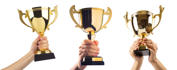 Man holding three different gold trophy cup. Isolated on white background. Copy space. Generative AI.