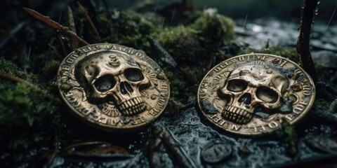 Obraz na płótnie Canvas Lost treasure of pirates in the Caribbean jungle swamps, gold skull relief coins, embedded in wet mud, root of all evil, adventurers death, macro closeup - generative AI