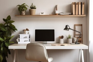 Desk for home office with computer and office supplies. Elegant workplace. Generative AI