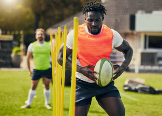 Rugby, sports and black man training with equipment ready for match, practice and sport game. Fitness, performance and serious male athlete with ball for warm up, exercise and workout for competition
