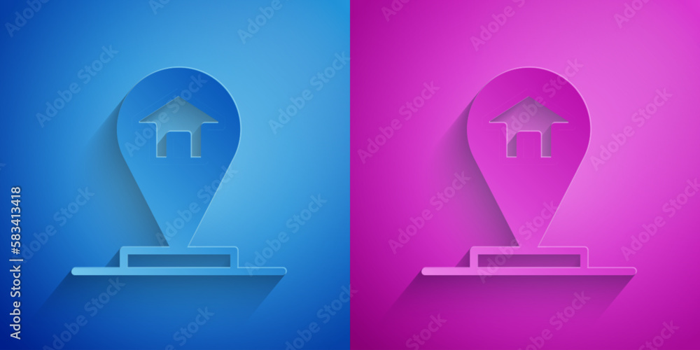 Poster paper cut map pointer with house icon isolated on blue and purple background. home location marker s