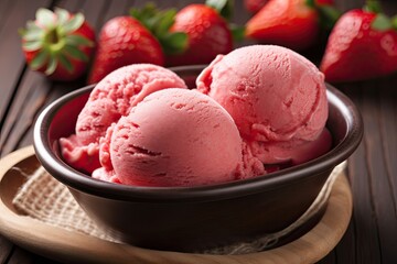 Delicious and refreshing ice cream made with ripe, juicy strawberries that have been carefully selected for their sweetness and quality. Generative AI
