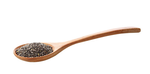 chia seeds in wooden spoon , Isolated on white background