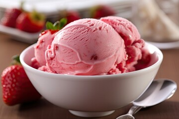 Delicious and refreshing ice cream made with ripe, juicy strawberries that have been carefully selected for their sweetness and quality. Generative AI
