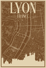 Brown hand-drawn framed poster of the downtown LYON, FRANCE with highlighted vintage city skyline and lettering